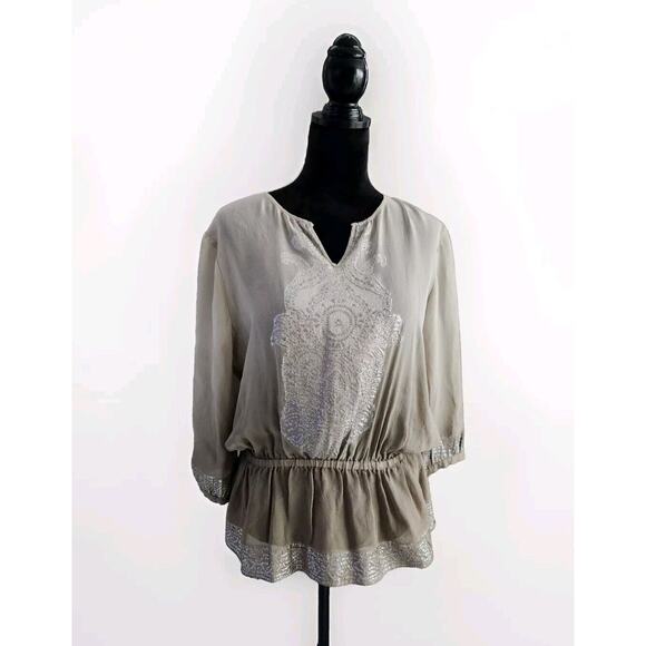 Chico's Tops - Chico's Women's Taupe Silk & Silver Metallic Ombré Embellished Sheer Blouse Sz 1